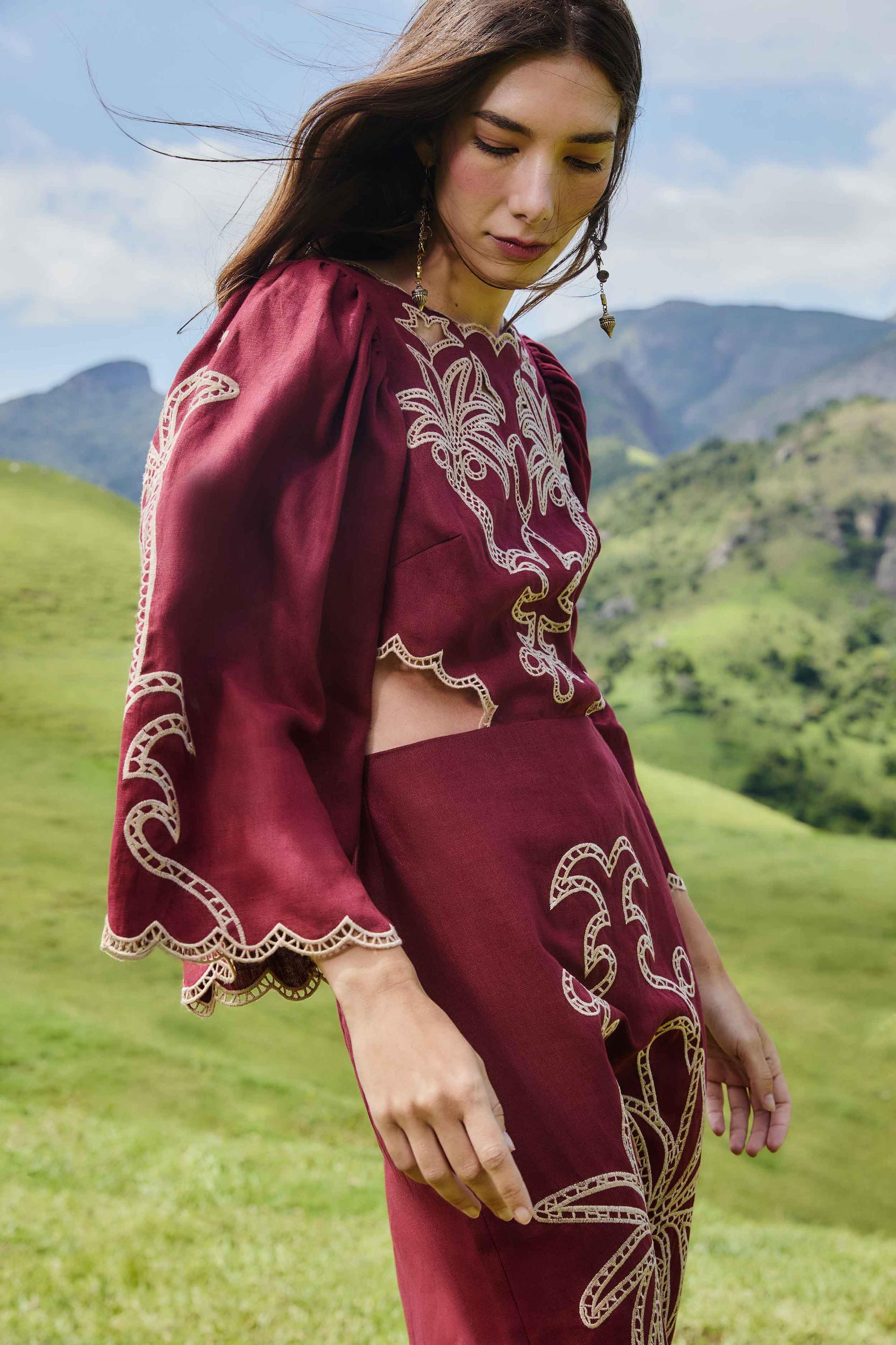 Red Artisanal Cut-Out Embroidered Euroflax™ Premium Linen Maxi Dress Product Image