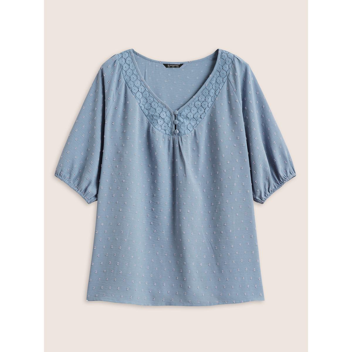 Plus Size Stone Plain Texture Lace Patchwork Lantern Sleeve Blouse Women Elegant Half Sleeve V-neck Everyday Blouses BloomChic 14-16/1X Product Image