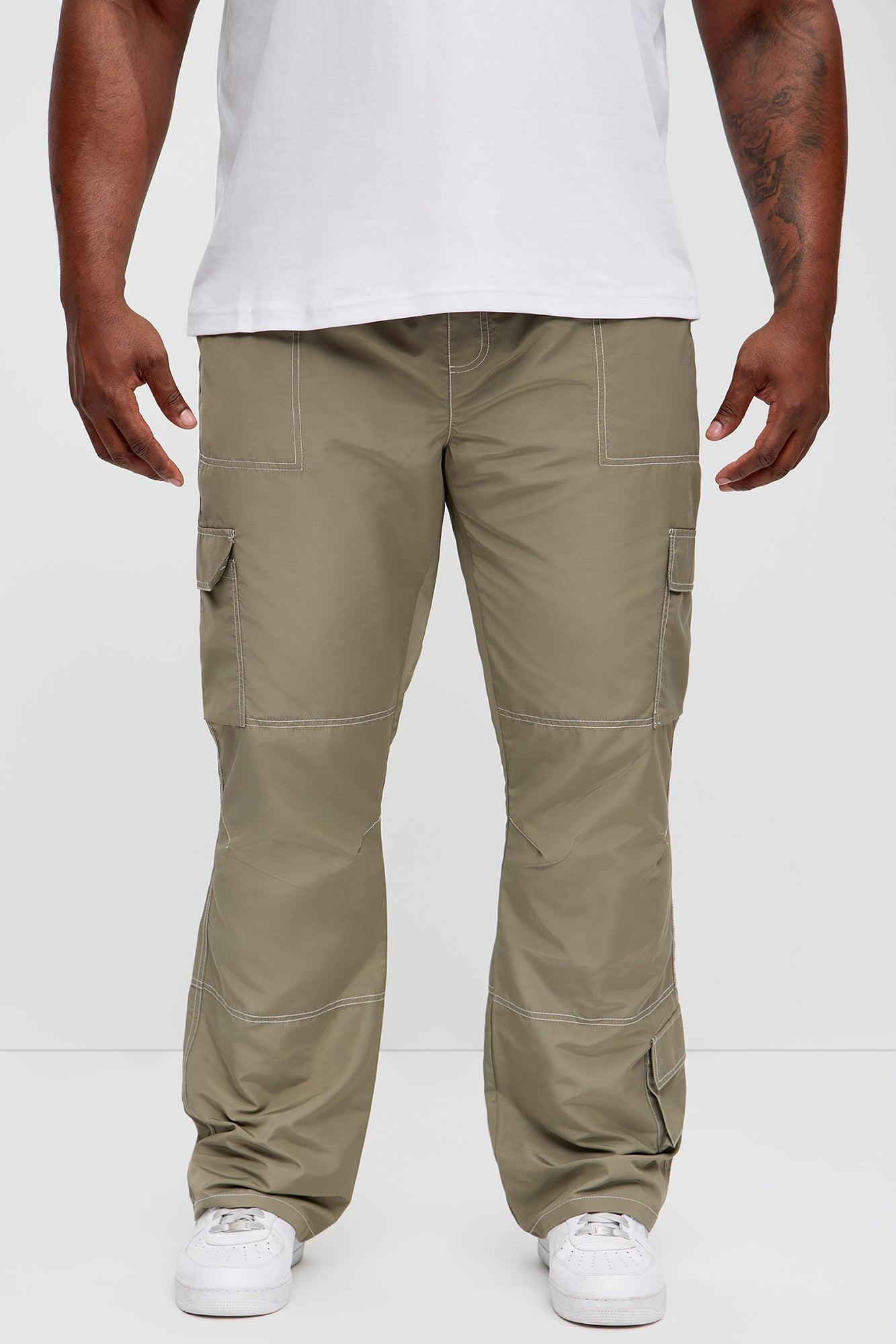 Contrast Stitch Nylon Flared Cargo Pants - Grey Product Image
