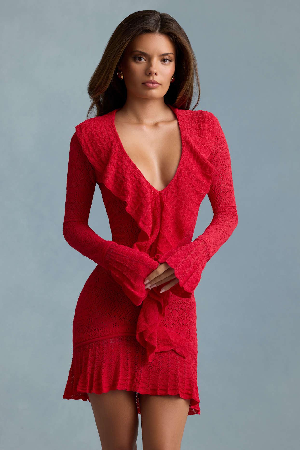 Ruffle-Trim Pointelle-Knit Mini Dress in Scarlet Red Product Image