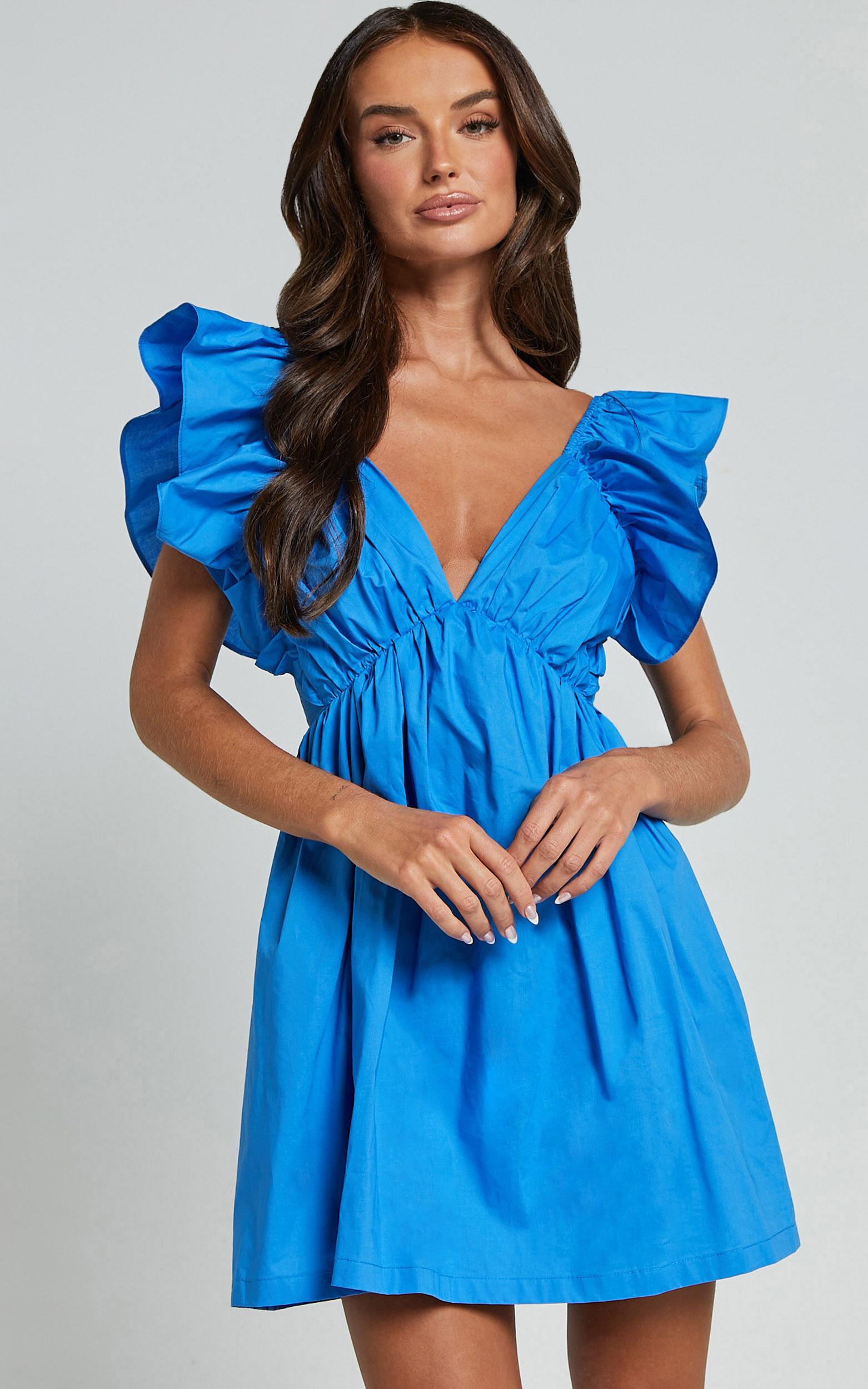 Raiza Mini Dress - Ruffle Sleeve Tie Back Plunge Dress in Blue Product Image