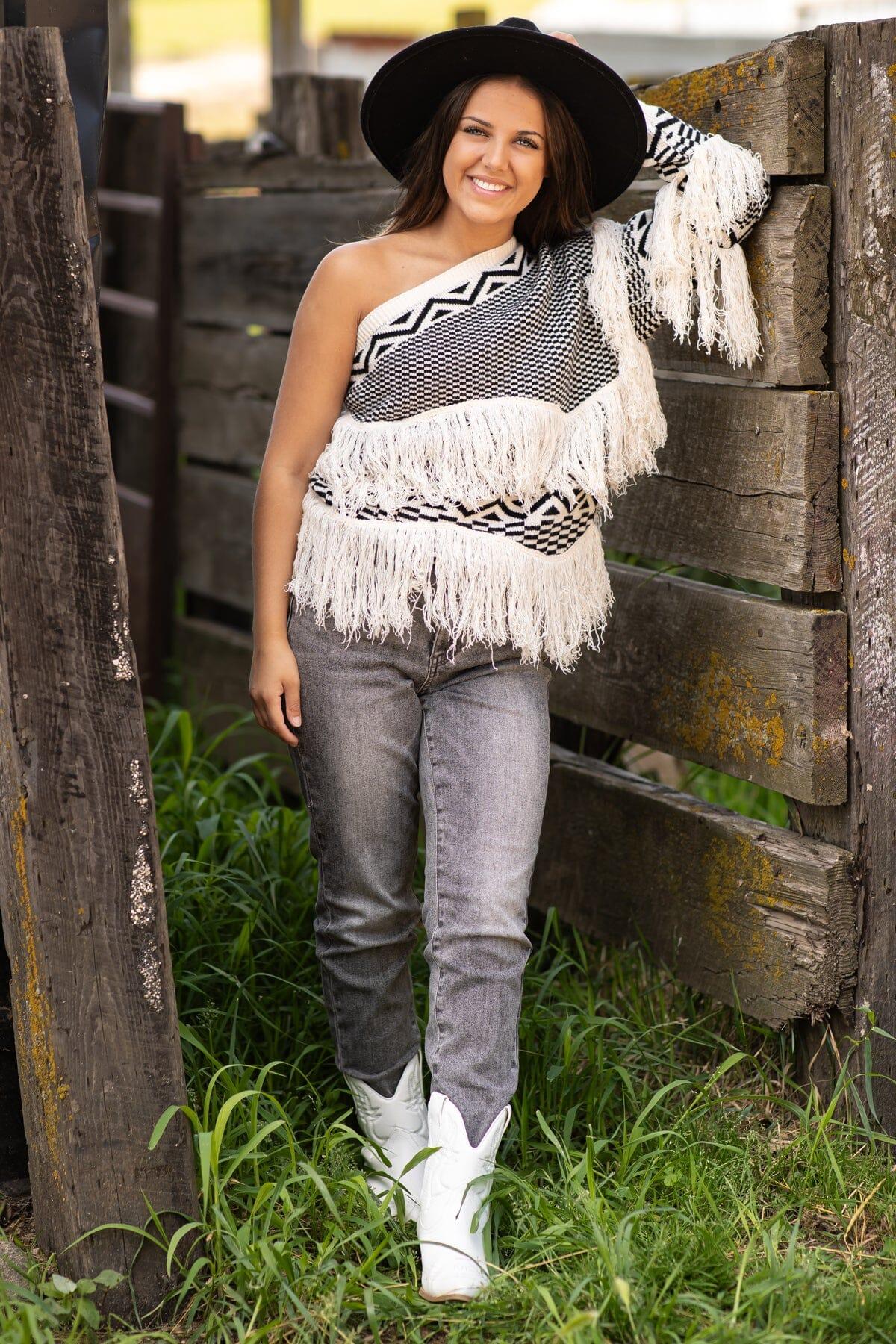 Ivory One Shoulder Sweater With Fringe Product Image