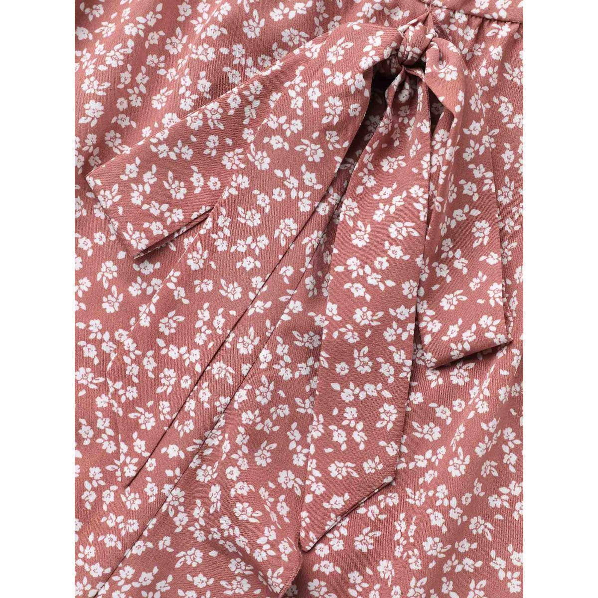 Plus Size Ditsy Floral Print Stretchy-Waist Ruffle Midi Dress DustyPink Women Elegant Overlapping Overlap Collar Short sleeve Curvy BloomChic 26/4X Product Image