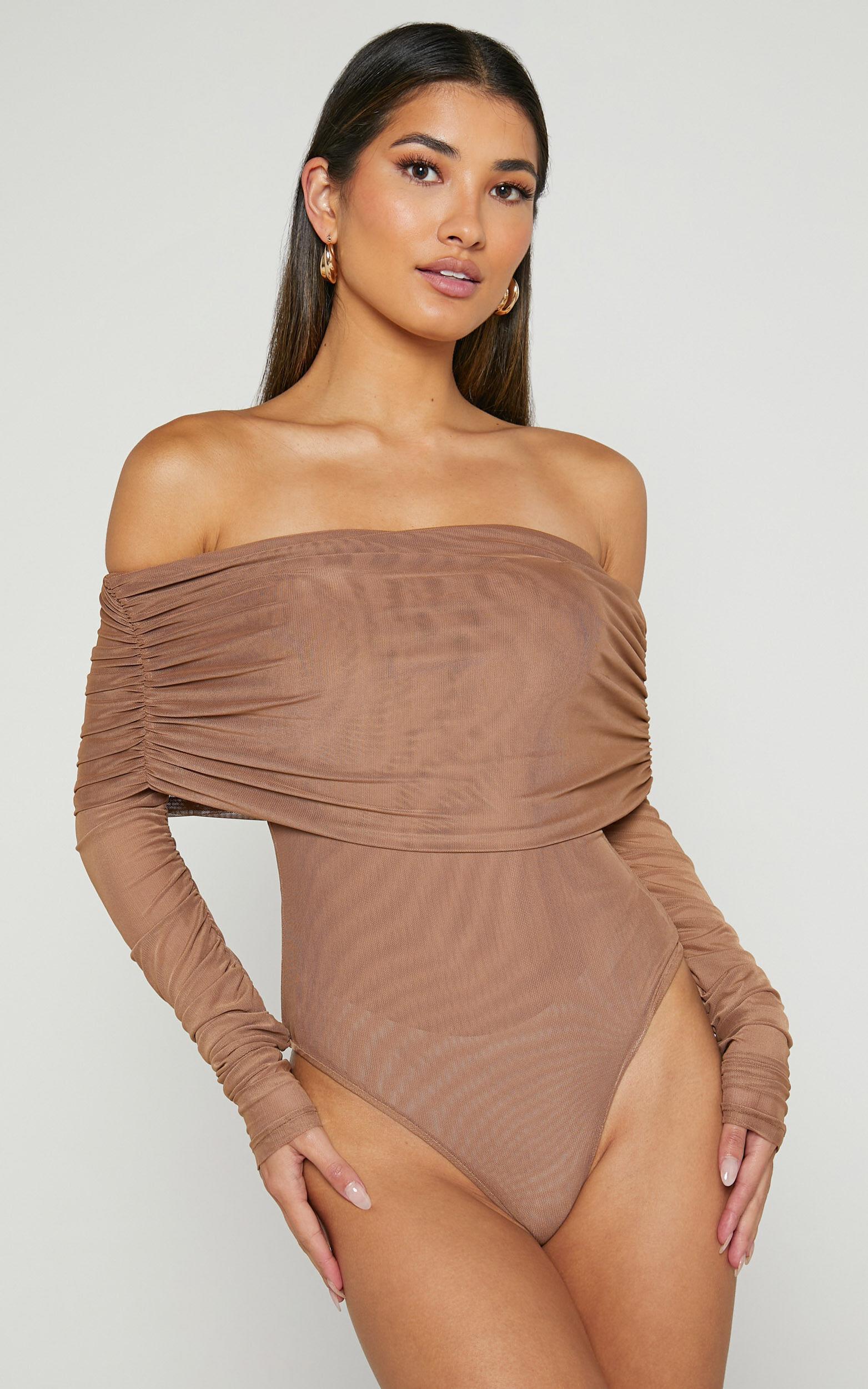 Jaythen Bodysuit - Long Sleeve Off Shoulder Ruched Mesh Bodysuit in Mocha Product Image