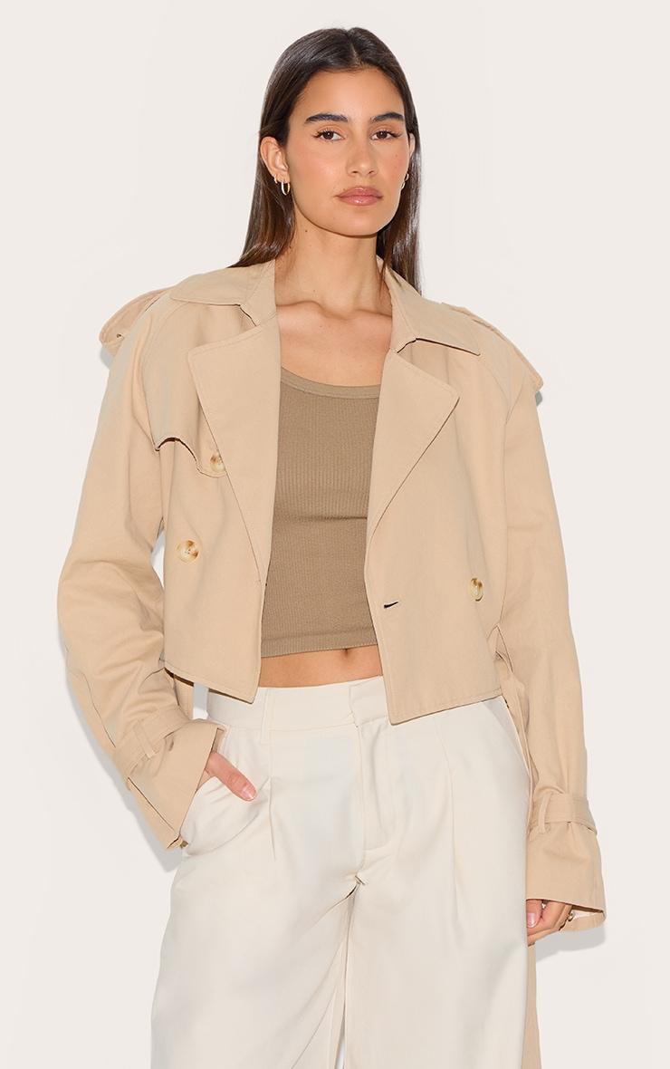 Beige Cropped Belted Hem Trench Coat Product Image