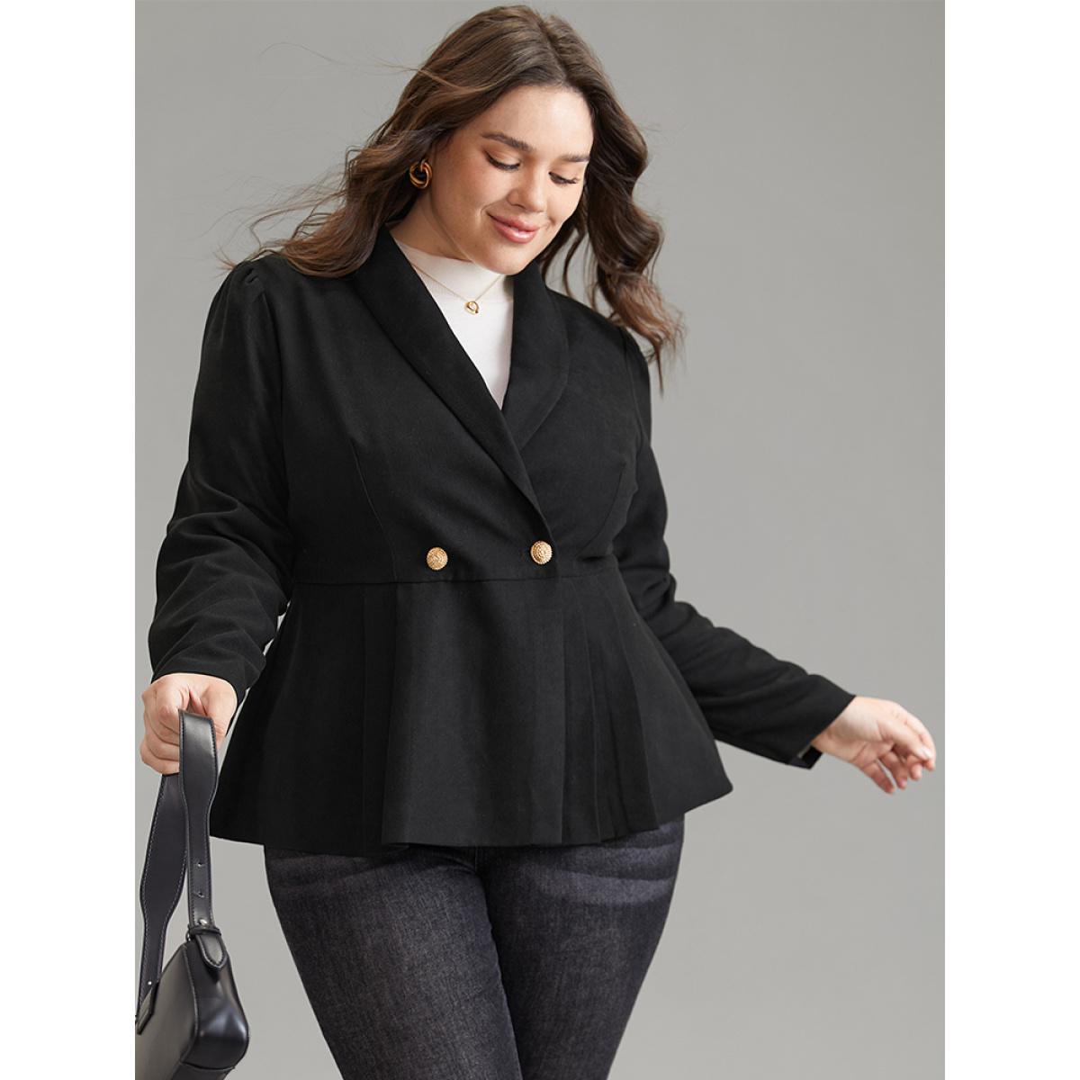 Plus Size Lapel Collar Plicated Detail Button Up Blazer Black Women Office Plain Lined Sleeve Long Sleeve Lapel Collar 12/L Workwear Essentials Blazers BloomChic Product Image