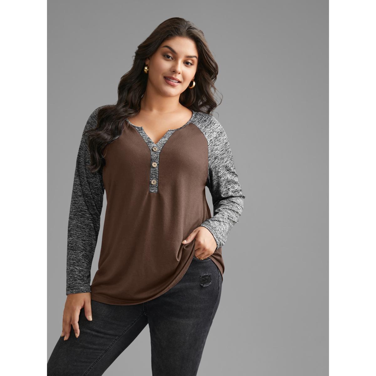 Plus Size Heather Patchwork Button Detail Stretchy T-Shirt DarkBrown Women Casual Contrast Flat collar with V-notch Everyday T-shirts BloomChic 12/L Product Image