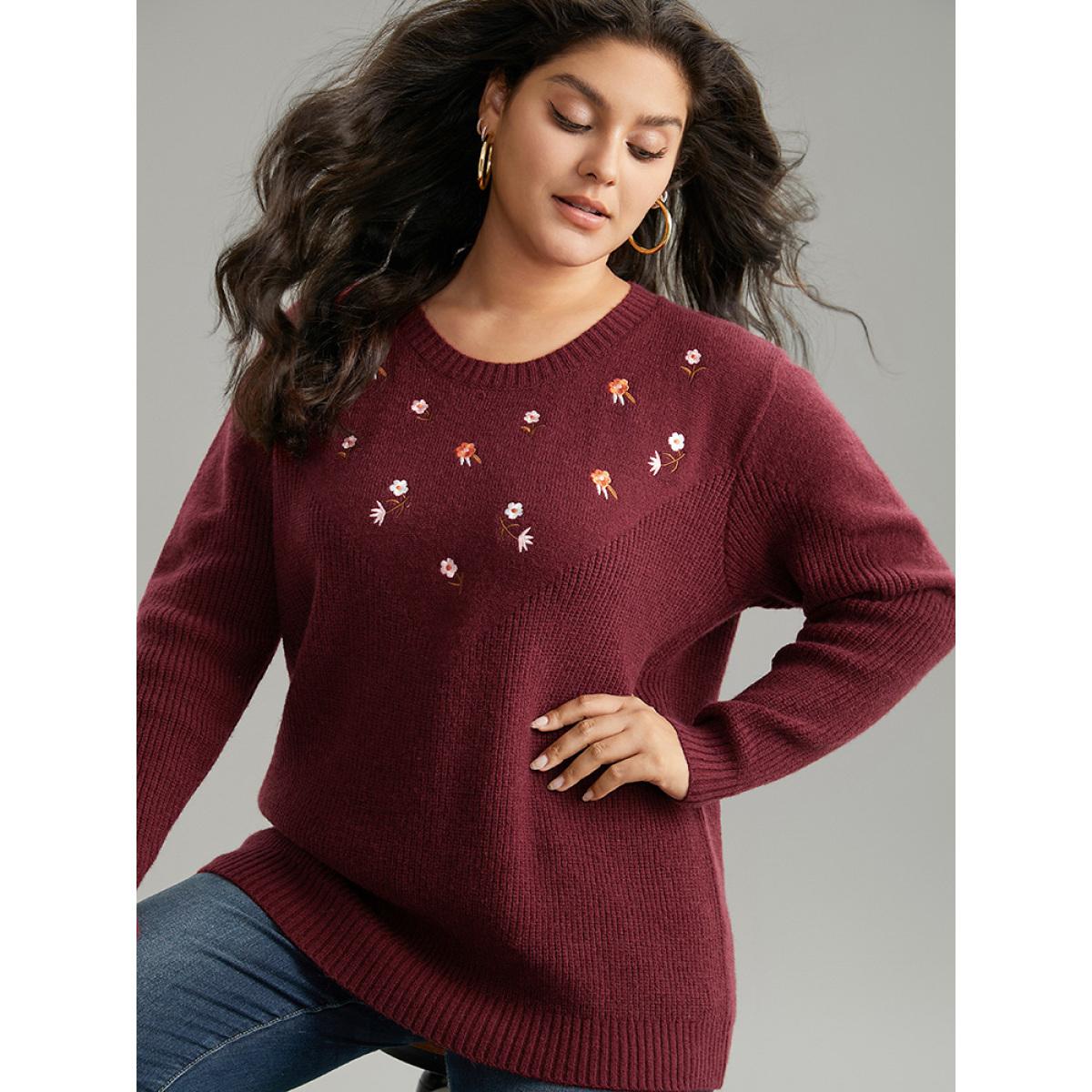 Plus Size Floral Embroidered Loose Elastic Cuffs Pullover Burgundy Women Casual Loose Long Sleeve Round Neck Dailywear Pullovers BloomChic 10/M Product Image
