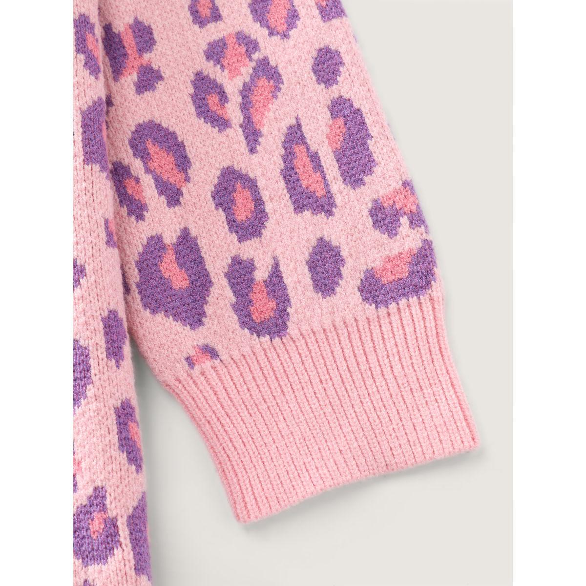 Plus Size Sweet Leopard Pattern Jacquard Pullover MistyRose Women Playful Loose Long Sleeve Round Neck Casual Pullovers BloomChic 26/4X Product Image