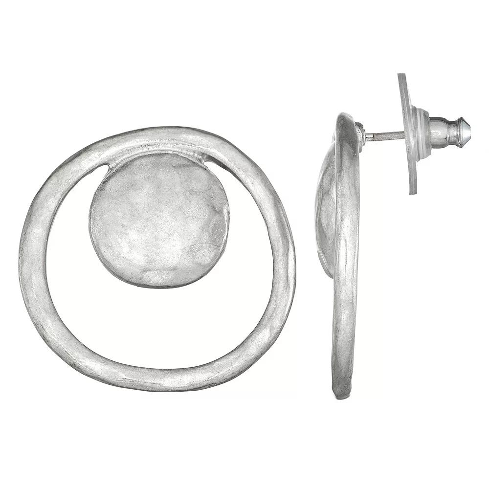 Bella Uno Worn Silver Open Disc Circle Earrings, Womens, Silver Tone Product Image