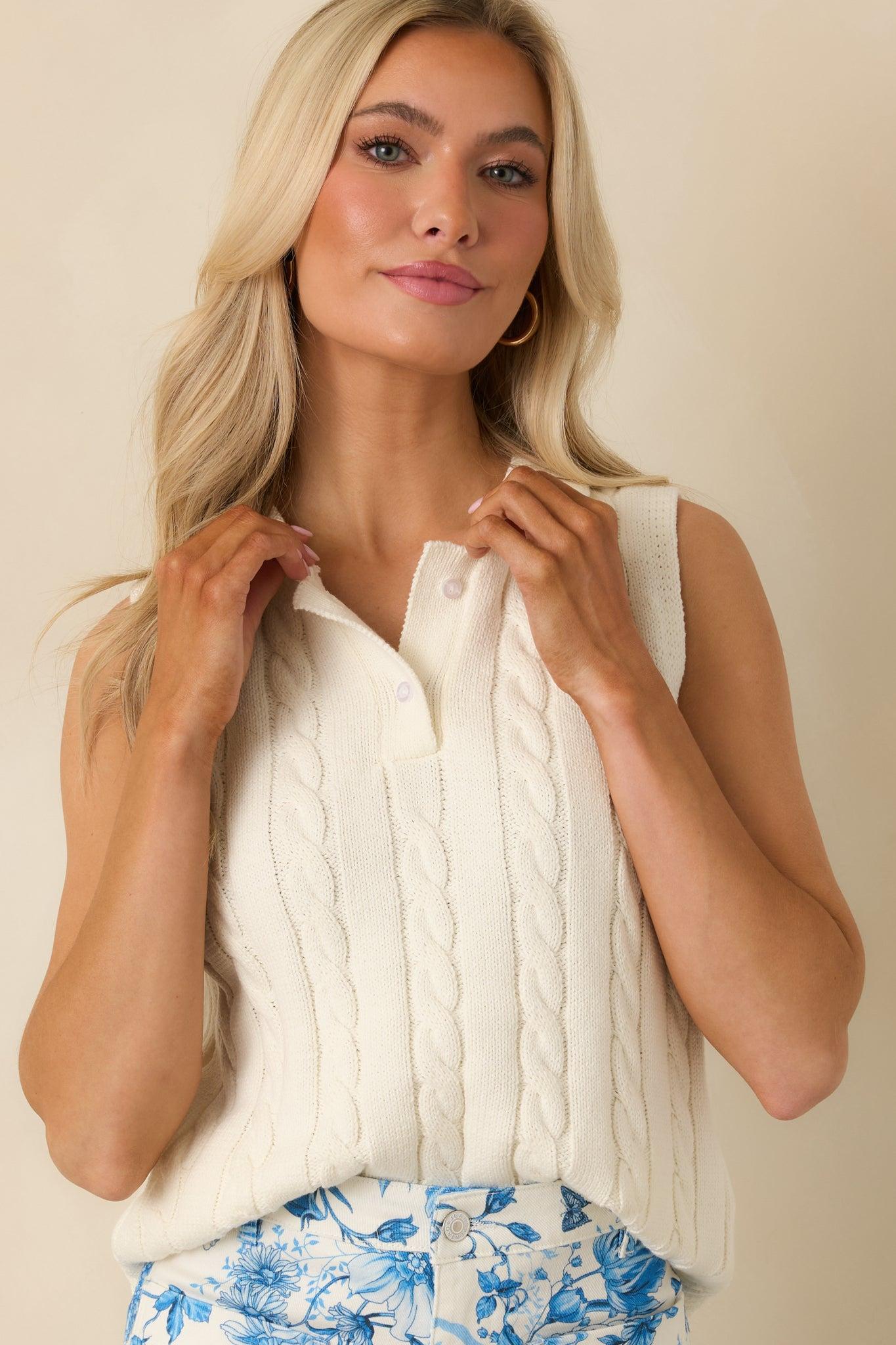 In No Particular Order Ivory Cotton Cable Knit Sweater Vest L / Ivory Product Image