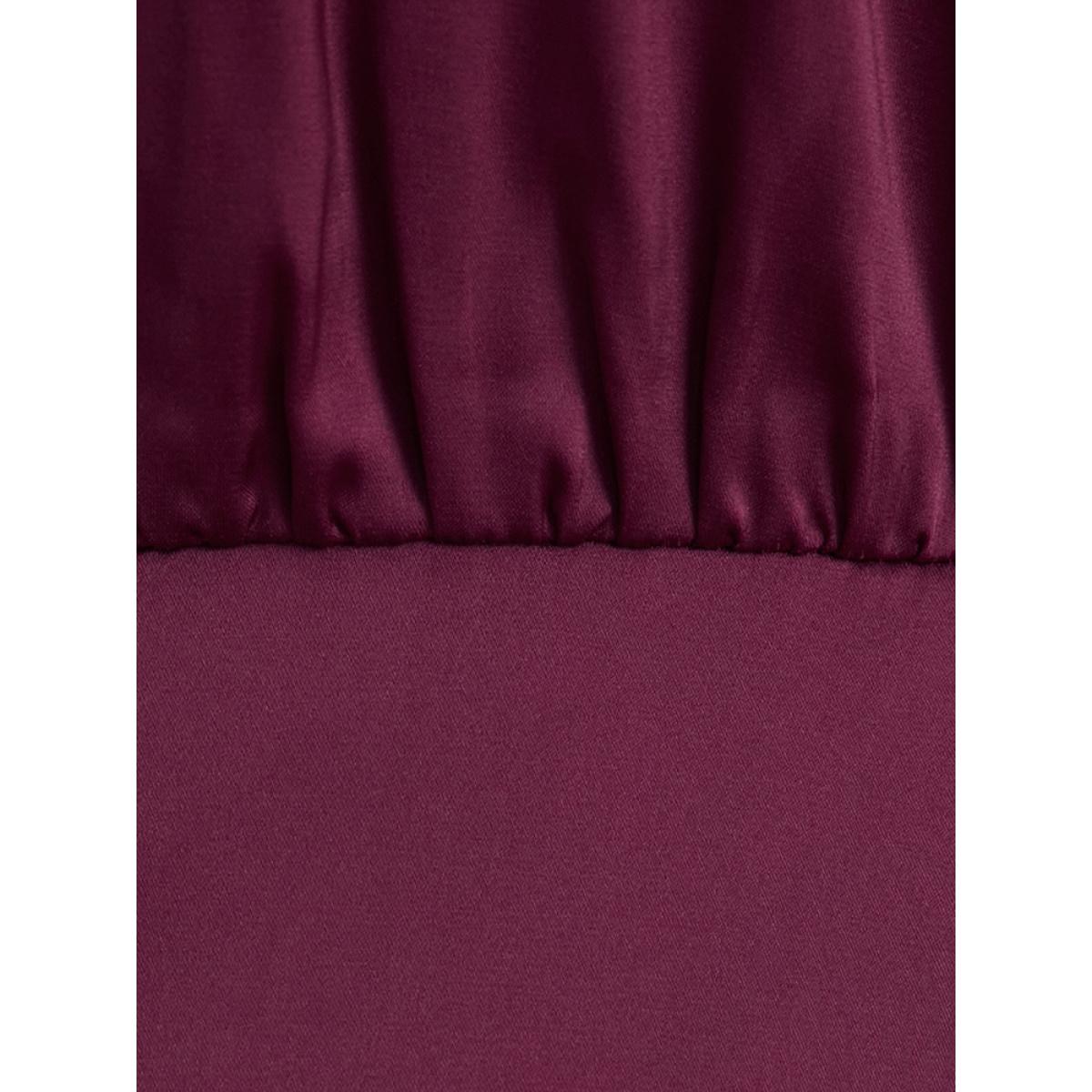 Plus Size Solid Pocket Keyhole Mock Neck Satin Midi Dress RedViolet Women Party Pocket Mock Neck Long Sleeve Curvy Midi Dress BloomChic 10/M Product Image
