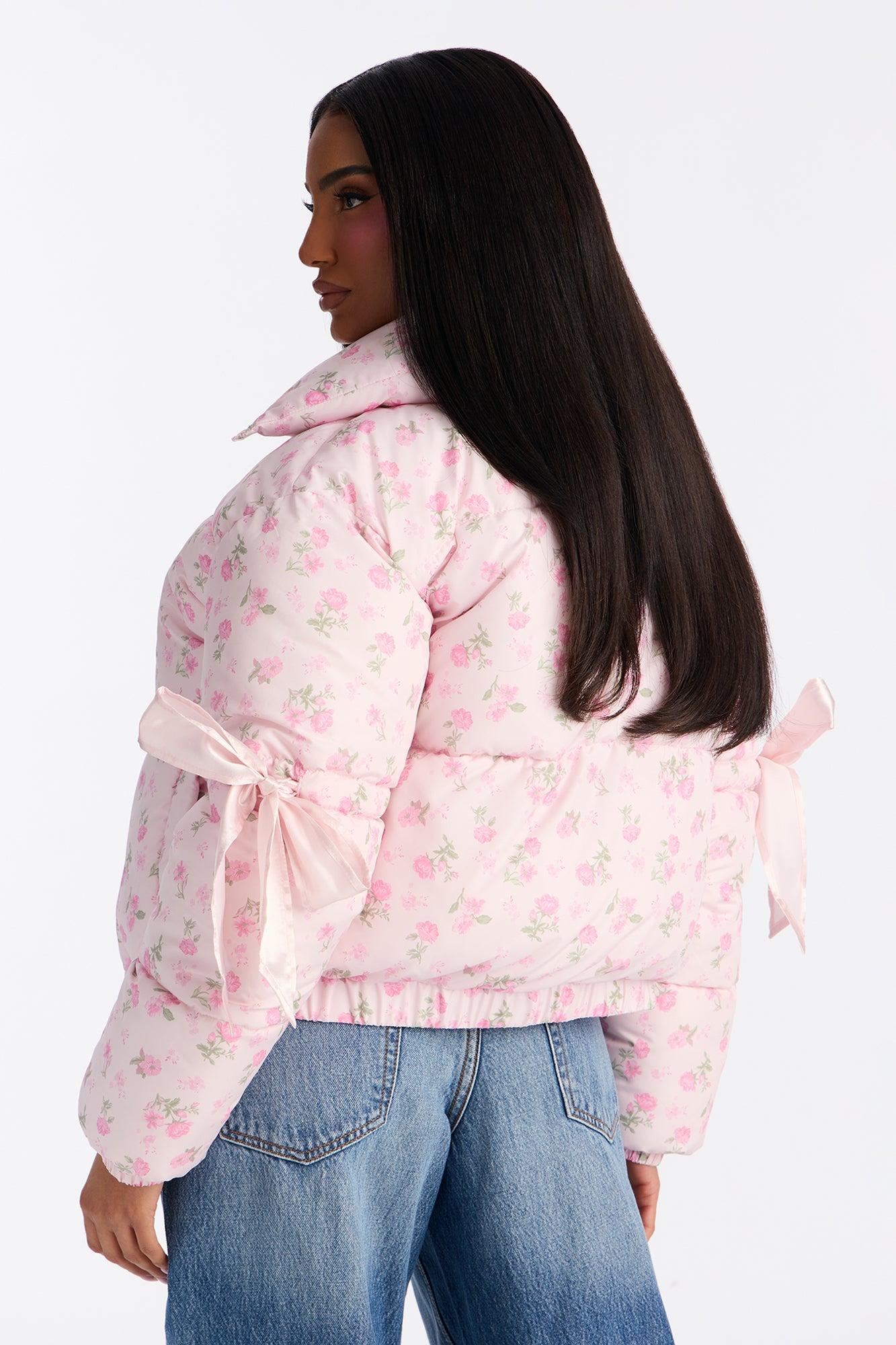 Coquette Touch Floral Puffer Jacket - Pink/combo Female Product Image