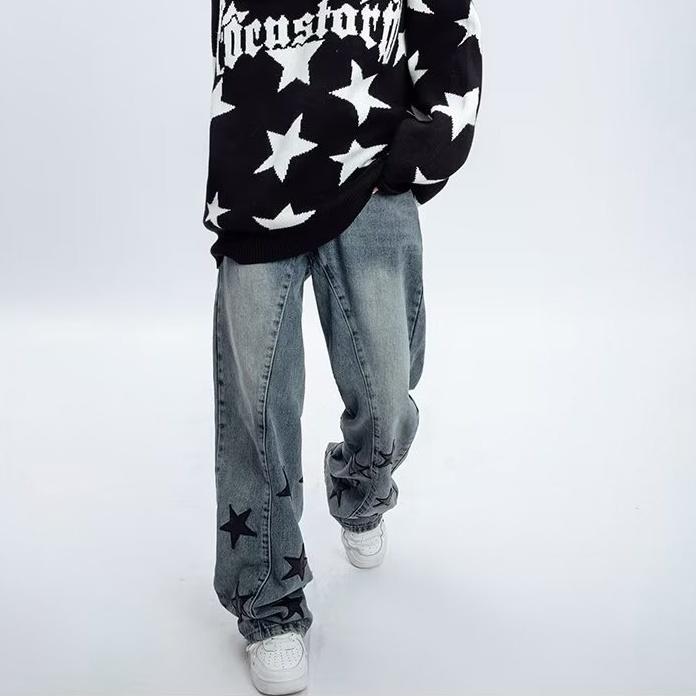 Sopula Unisex Men's Street Loose Straight Leg Star Embroidered Jeans Product Image