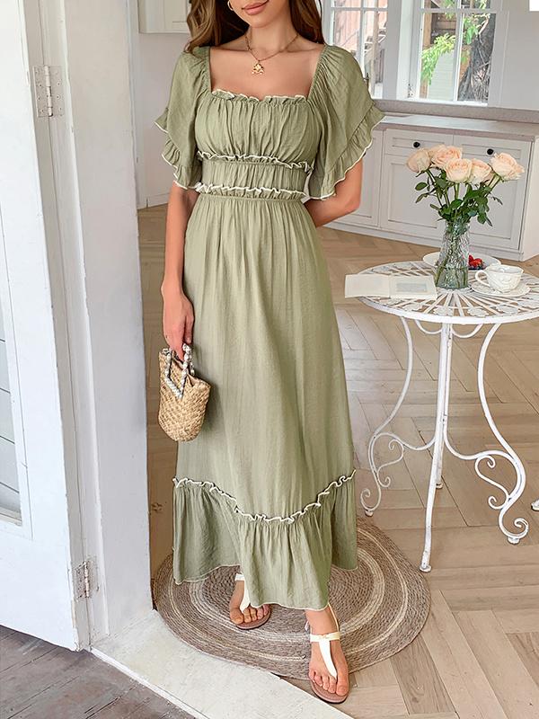 A-Line High Waisted Pleated Ruffle Trim Split-Joint Zipper Square-Neck Midi Dresses Product Image