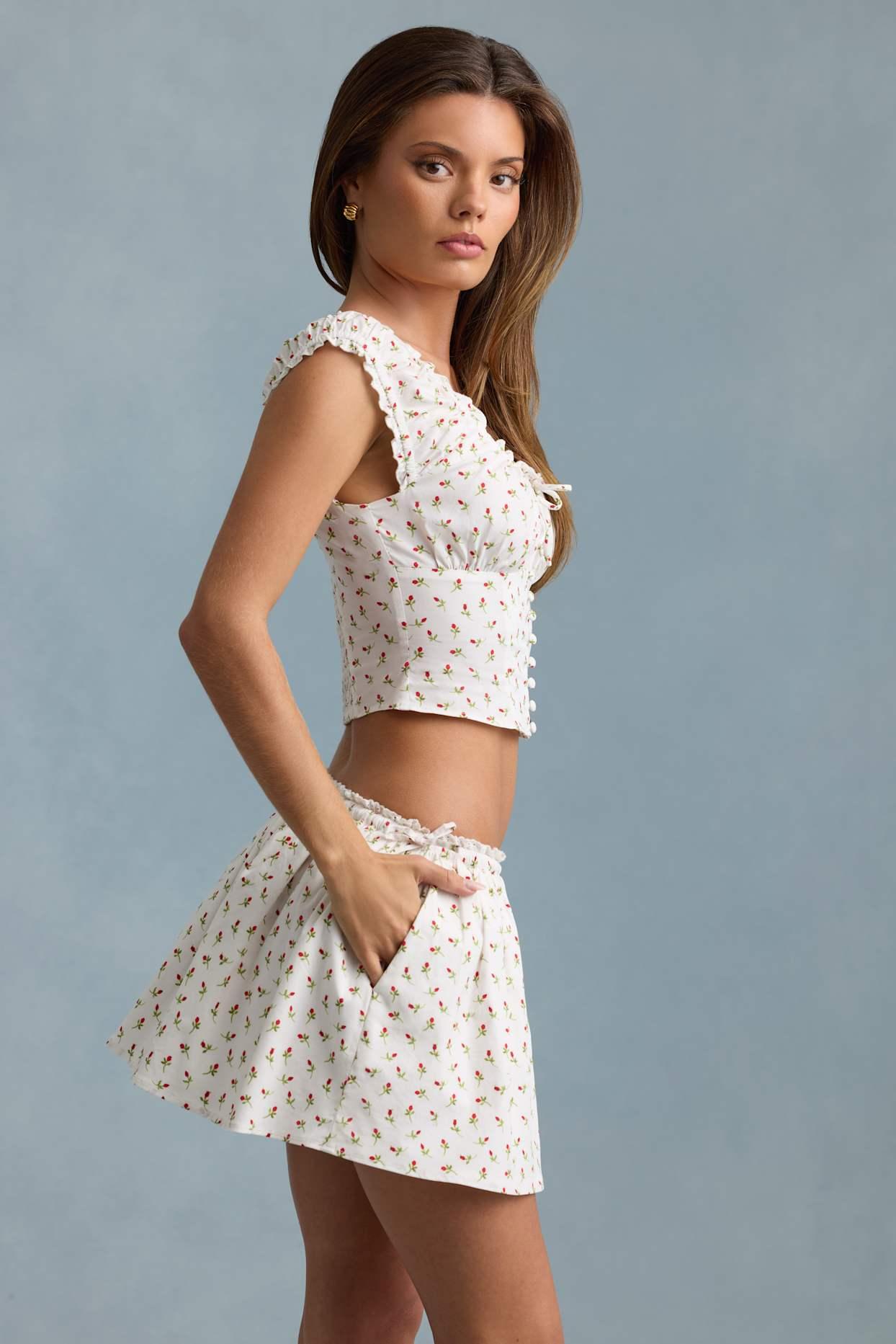 Ruched Cotton-Poplin Corset Top in Rose Print Product Image