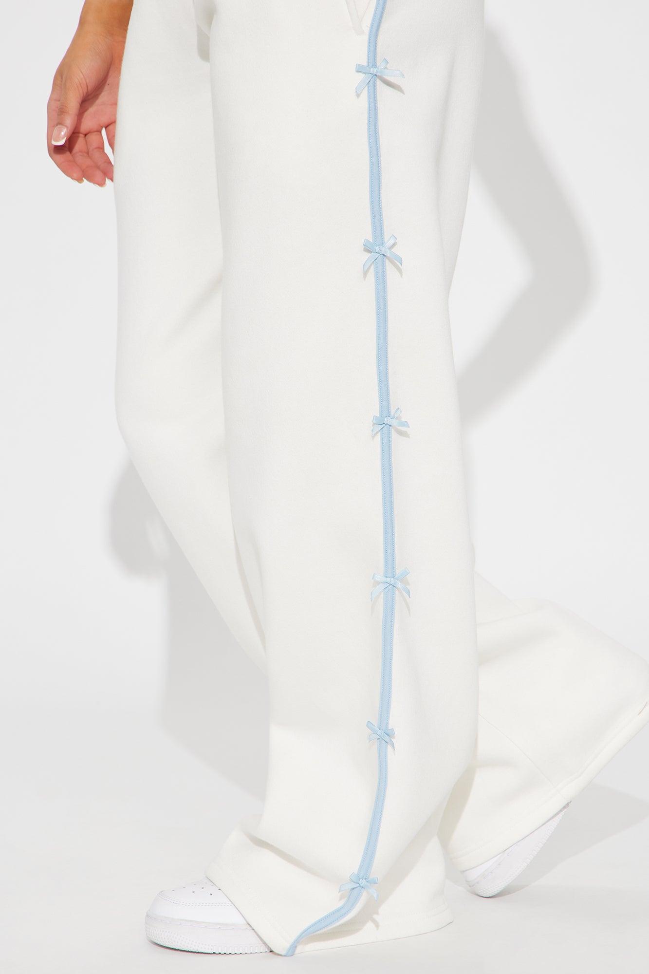 Sara Wide Leg Striped Fleece Pant - White Product Image