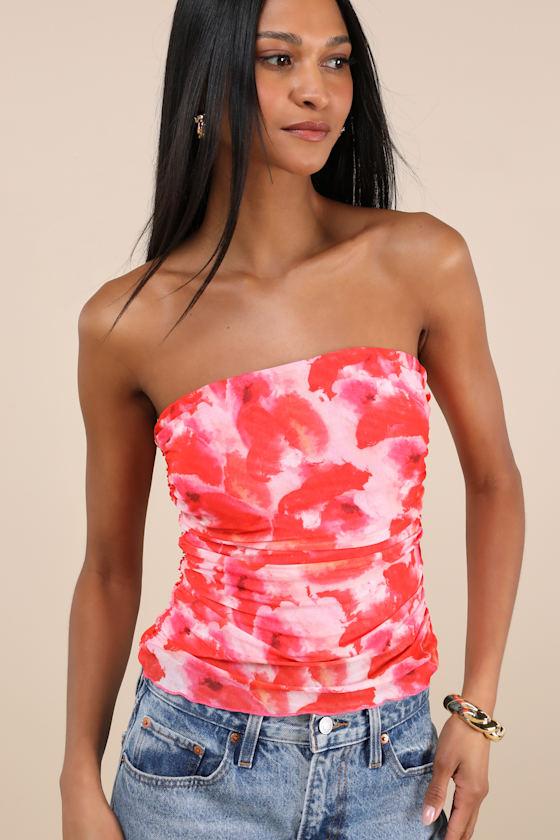 Maylin Red Abstract Print Mesh Strapless Top Product Image