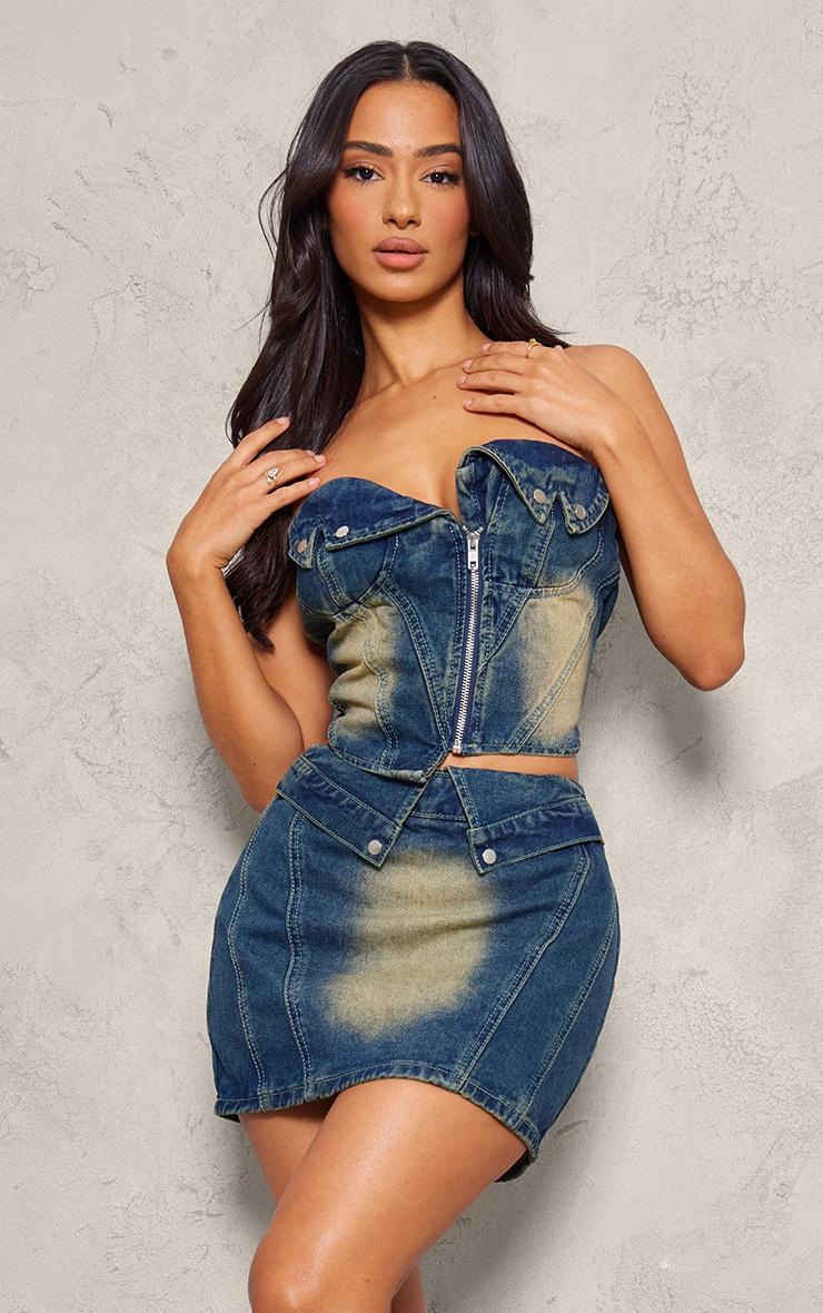 Petite Indigo Vintage Wash Denim Fold Over Mini Skirt Product Image