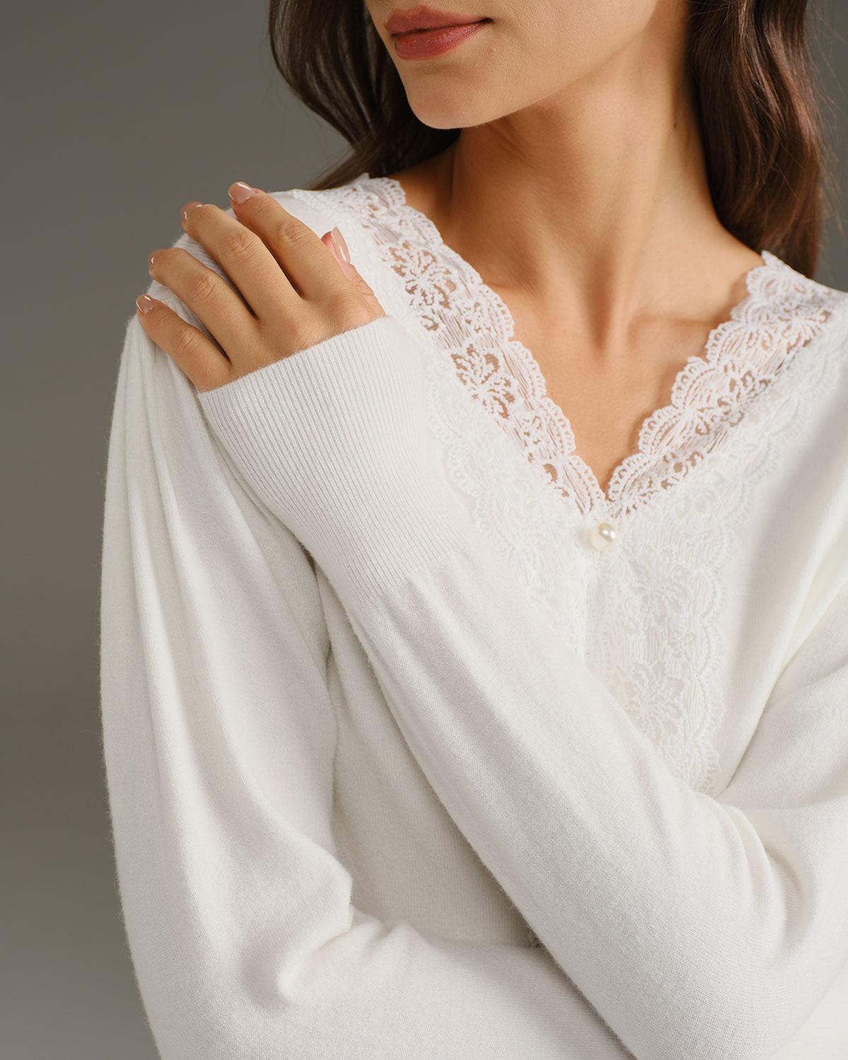 White V Neck Pearl Button Sweater Product Image