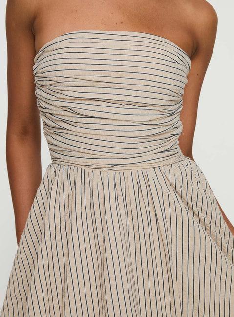 Quinette Strapless Bubble Hem Mini Dress Beige Stripe Product Image