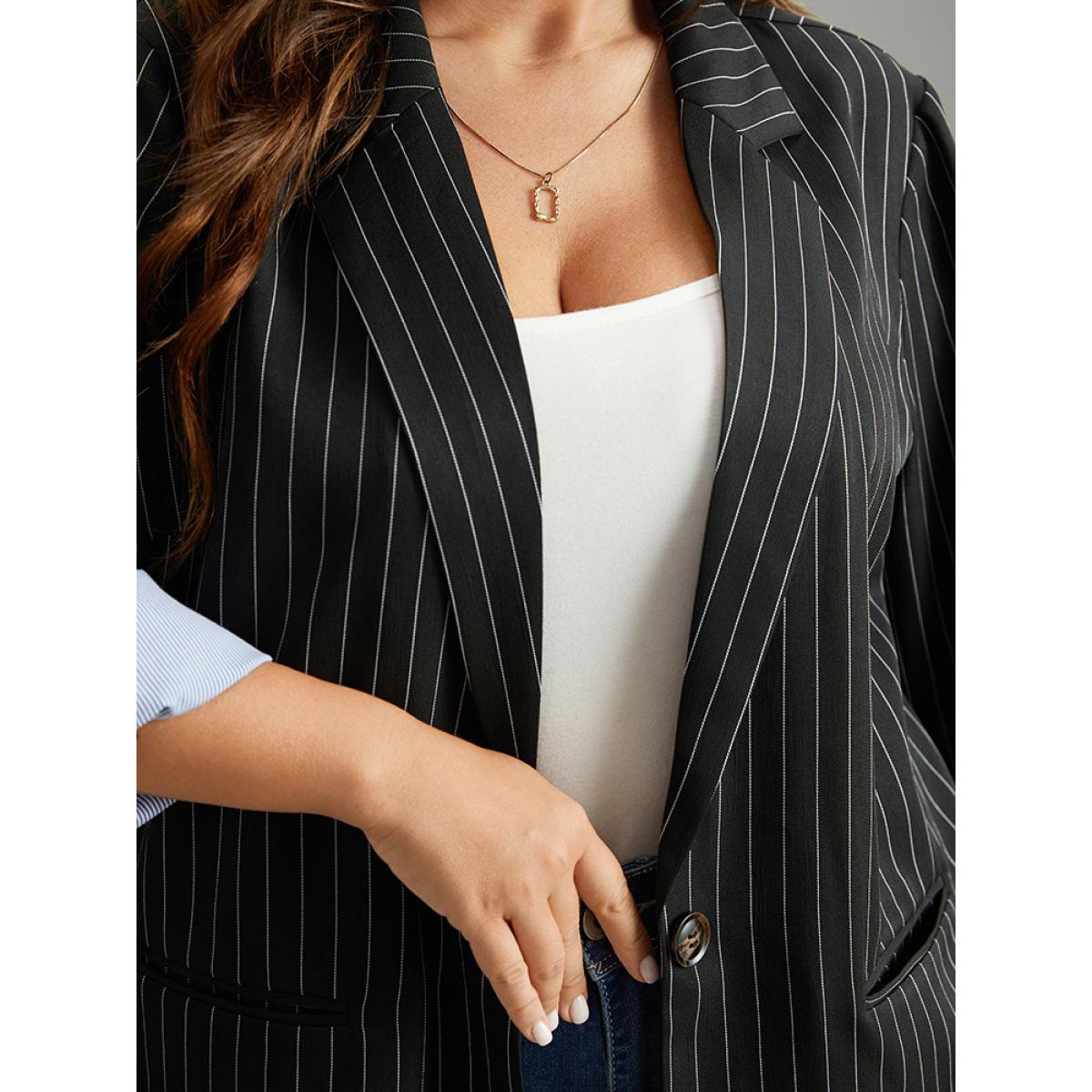 Plus Size Suit Collar Striped Contrast Blazer Black Women Dailywear Striped Contrast Sleeve Long Sleeve Suit Collar 10/M Pocket Casual Blazers BloomChic Product Image