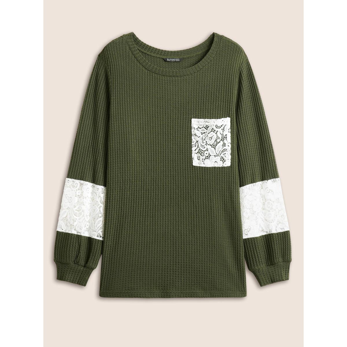 Plus Size Waffle Knit Contrast Lace Patchwork T-shirt ArmyGreen Women Elegant Contrast Plain Round Neck Everyday T-shirts BloomChic 12/L Product Image