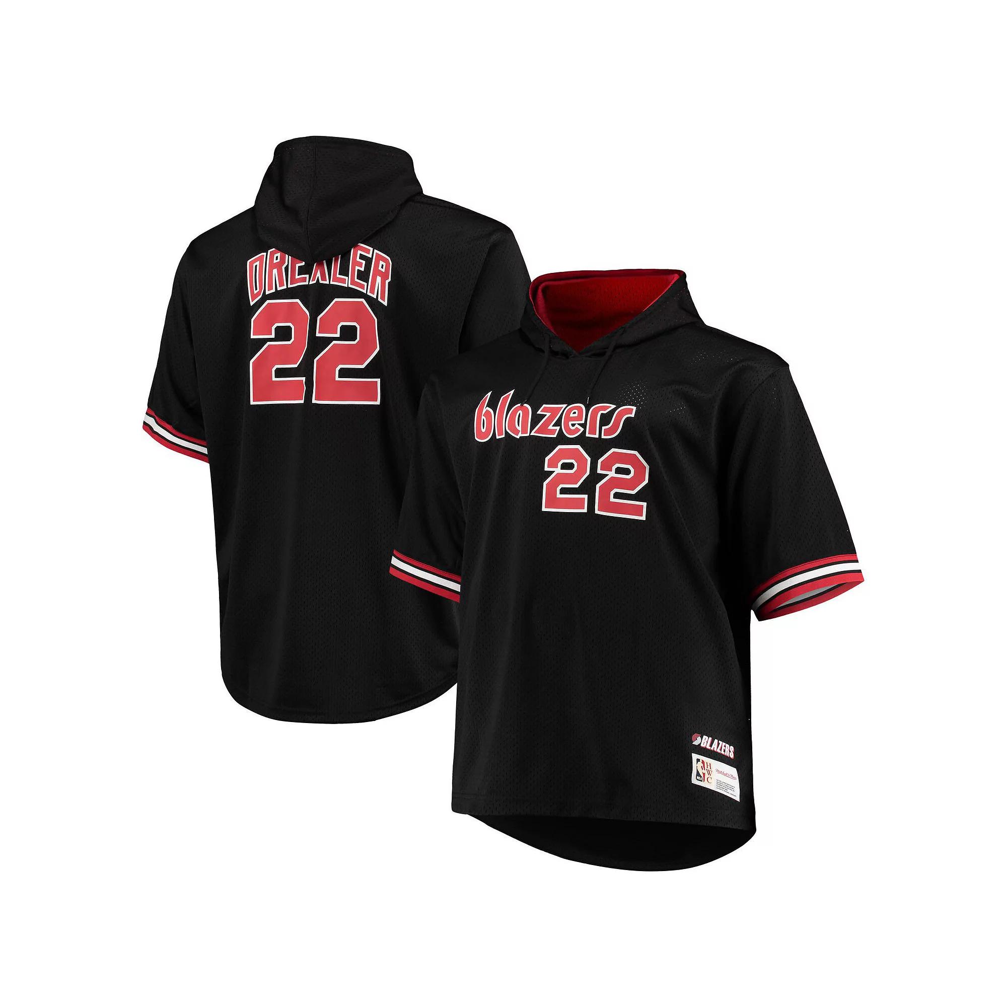 Men's Mitchell & Ness Clyde Drexler Black/Red Portland Trail Blazers Big & Tall Name & Number Short Sleeve Hoodie, Size: 5XB Product Image
