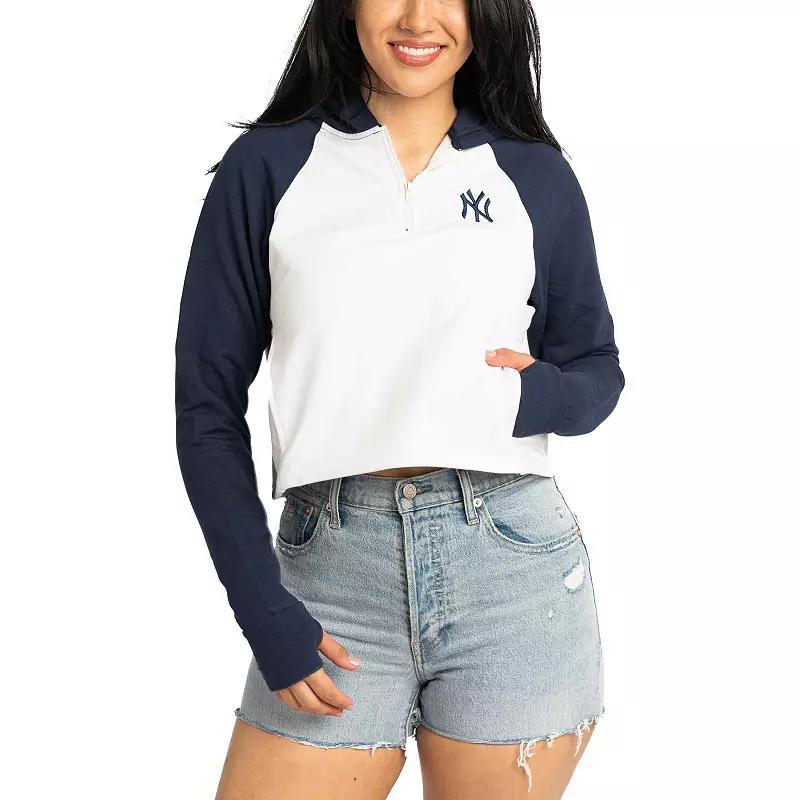 Women's Lusso White Atlanta Braves Jane Raglan Quarter-Zip Tri-Blend Cropped Pullover Hoodie, Size: 2XL Product Image