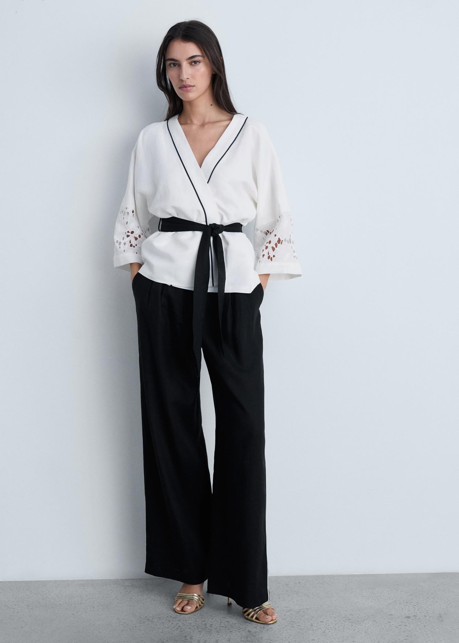 Contrast-stripe linen pants - Women | MANGO USA Product Image