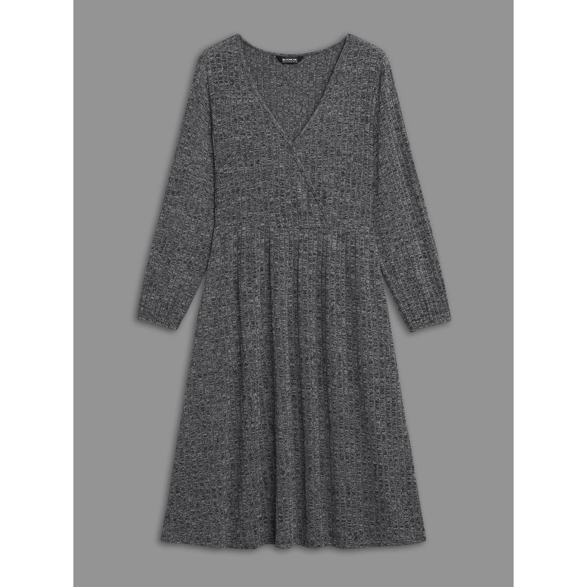 Plus Size Pit Strip Overlap Collar Midi Dress DarkGray Women Casual Texture Knit Dresses Bloomchic 10/M Product Image