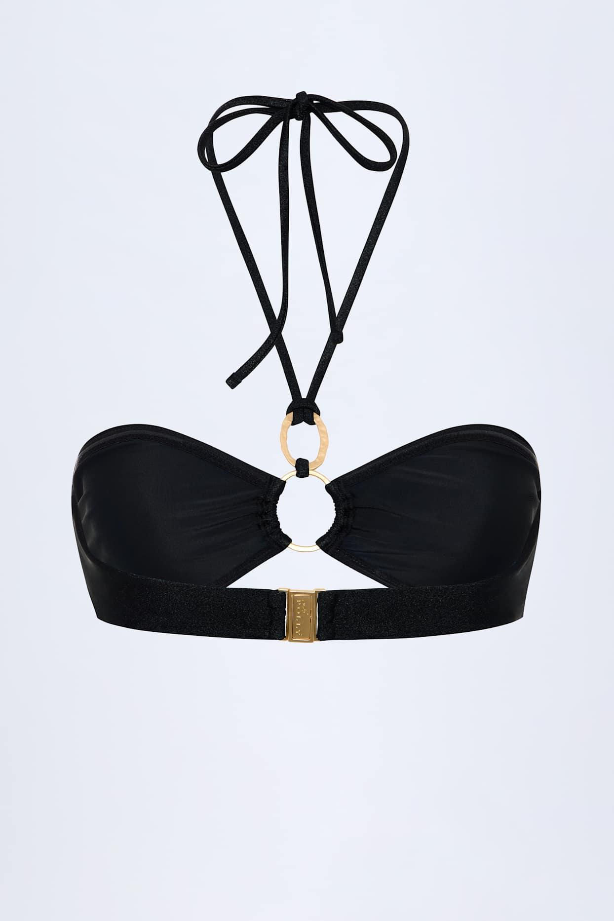 Hardware-Detail Ruched Halterneck Bikini Top in Black Product Image
