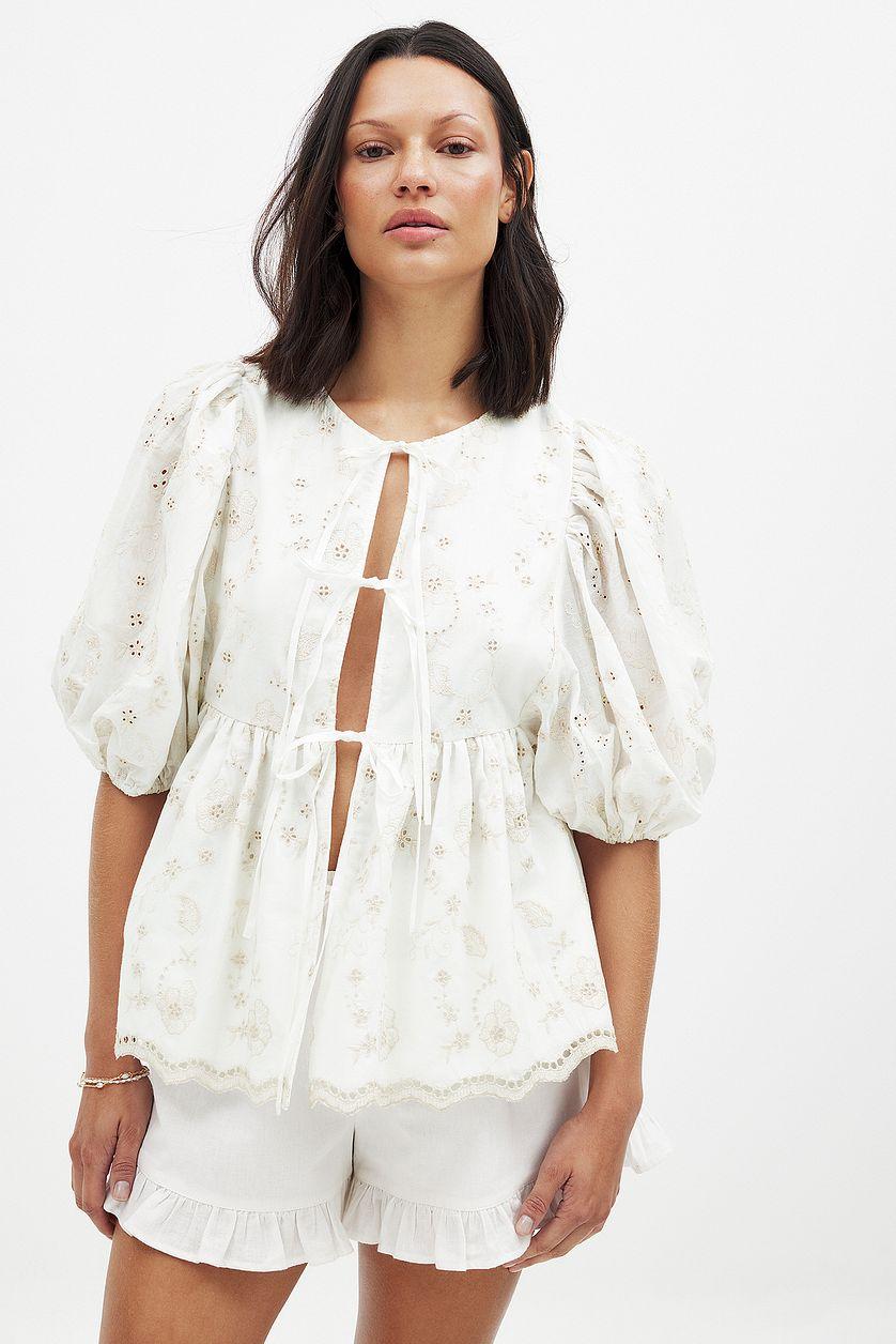 Embroidered Contrast Tie Front Blouse Product Image