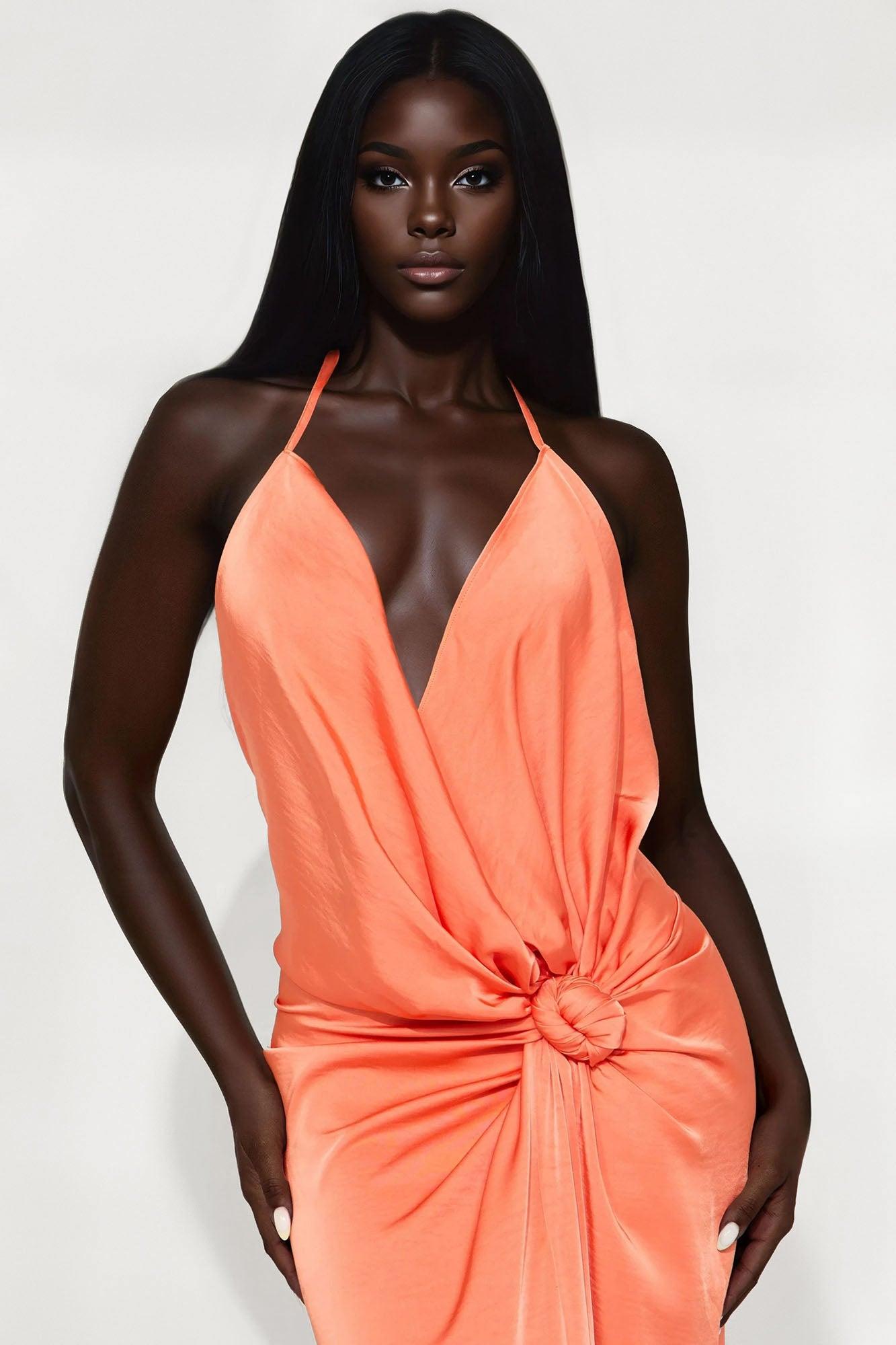 Evening Bliss Backless Satin Maxi Dress - Orange Female Product Image