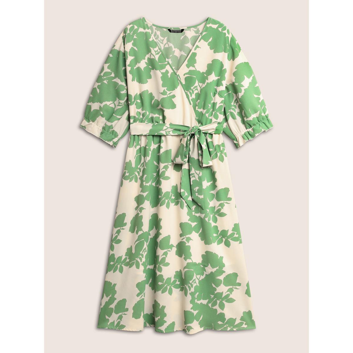 Plus Size Silhouette Floral Print Overlap Collar Lantern Sleeve Dress Mint Women Elegant Overlapping Overlap Collar Elbow-length sleeve Curvy Midi Dress BloomChic 30/6X Product Image