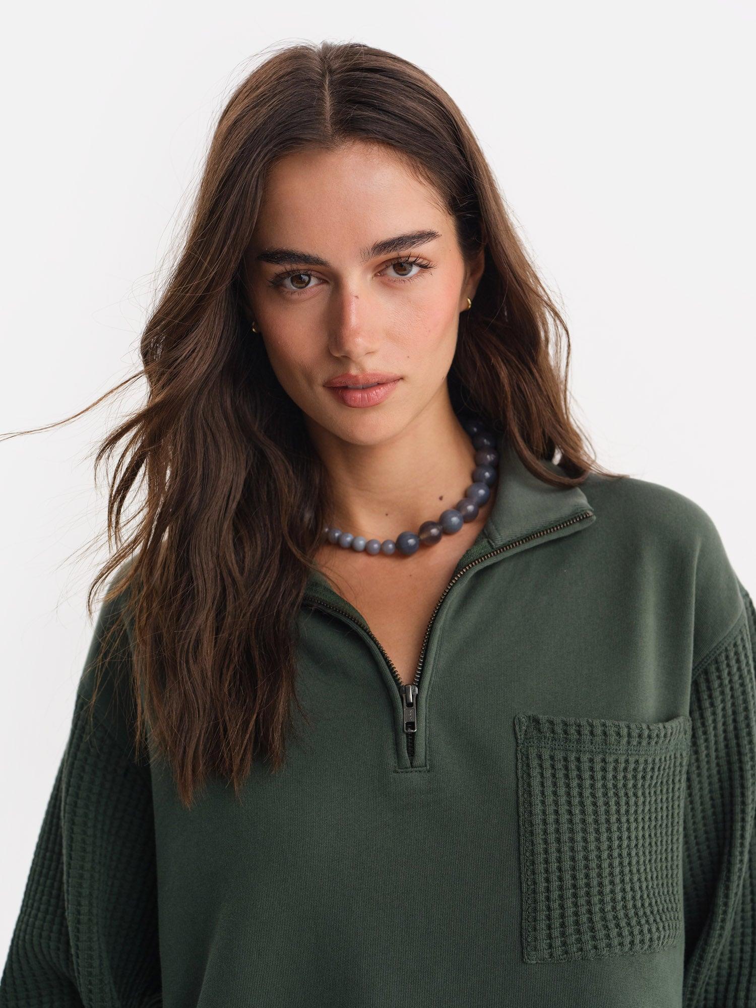 Organic Fleece and Waffle Cropped Half-Zip Sweatshirt Female Product Image