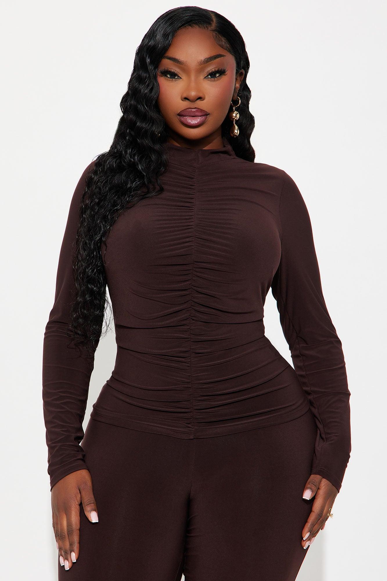 Natalie Ruched Mock Neck Pant Set - Chocolate Female Product Image