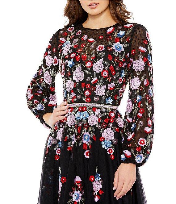 Mac Duggal Sequin Floral Print Jewel Neck Long Puffed Sleeve Midi Dress Product Image