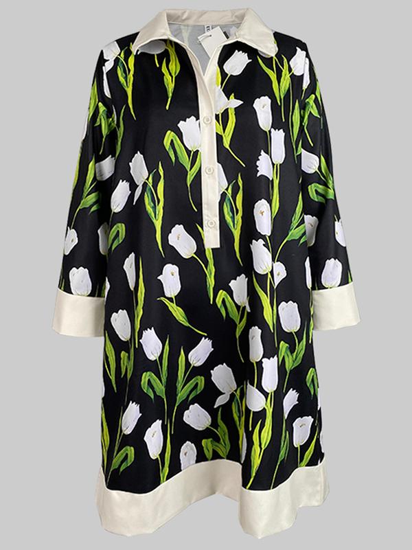 A-line Loose Buttoned Flower Print Stand Collar Mini Dresses Product Image