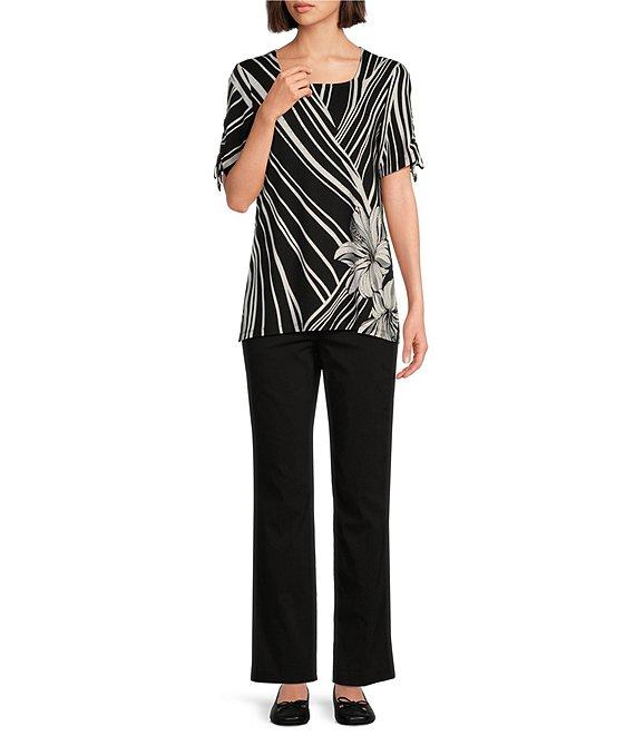 Allison Daley Hibiscus Wave Print Short Ruched Tie Sleeve Square Neck Knit Top Product Image