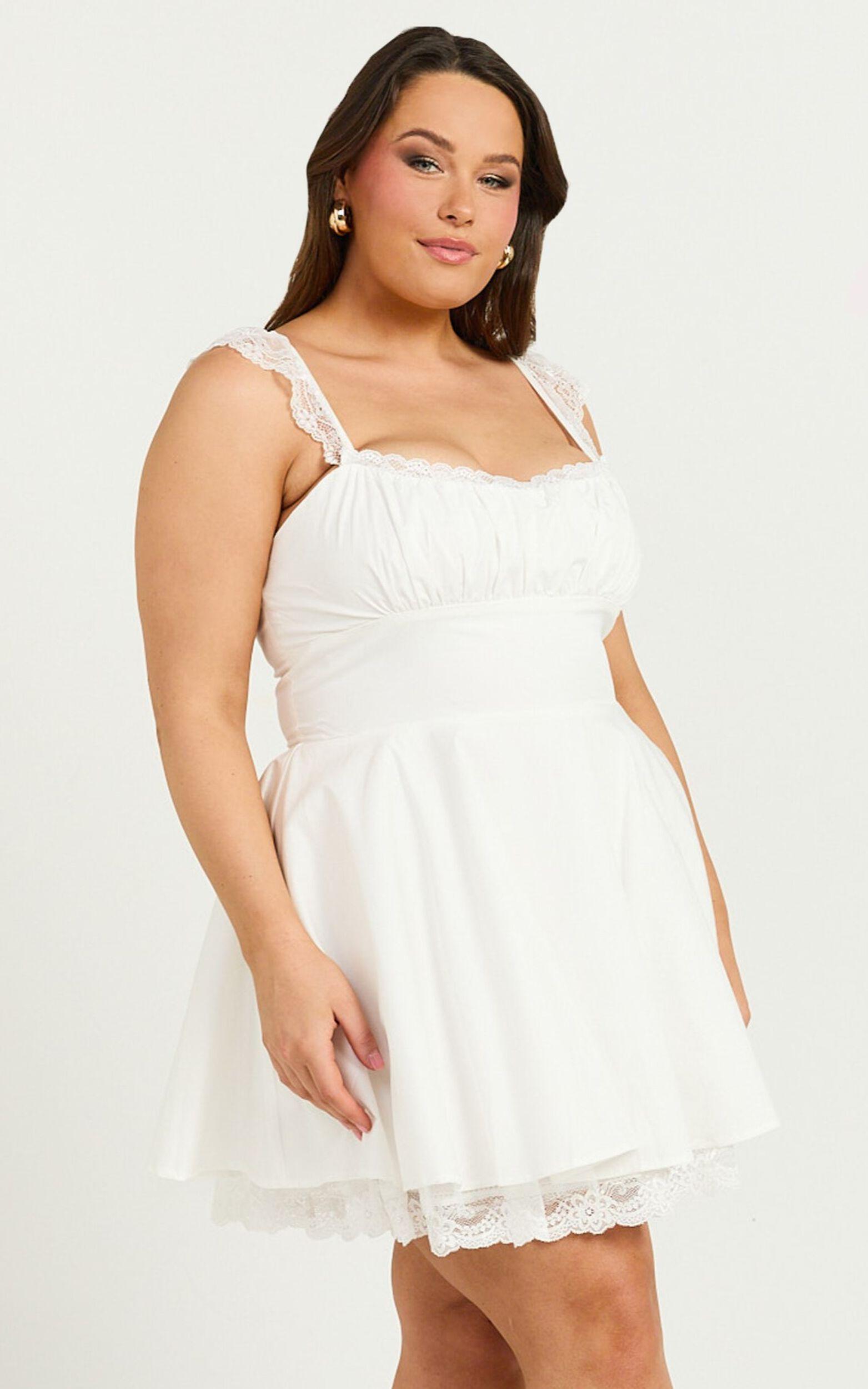 Adalee Mini Dress - Sleeveless Ruched Bodice Lace Trim Dress in Off White Product Image