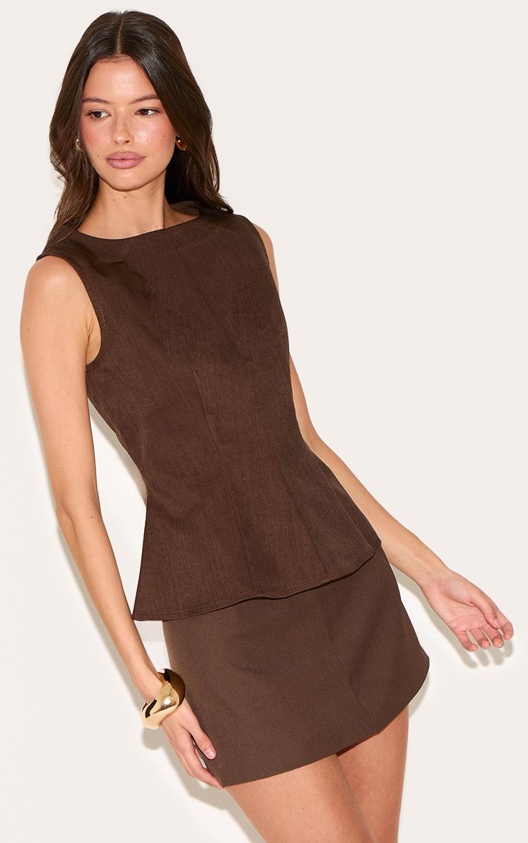 Chocolate Woven Fitted Boatneck Peplum Top Product Image