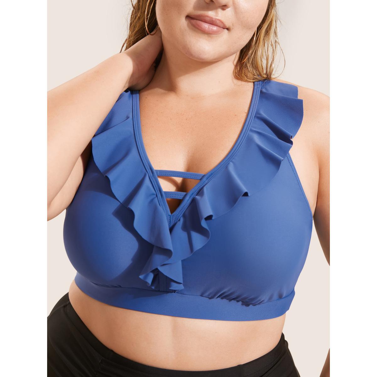 Plus Size Plain Keyhole Ruffle Trim Swim Top Women's Swimwear Indigo Beach Cut-Out High stretch Skinny V-neck Curve Swim Tops BloomChic 12/L Product Image