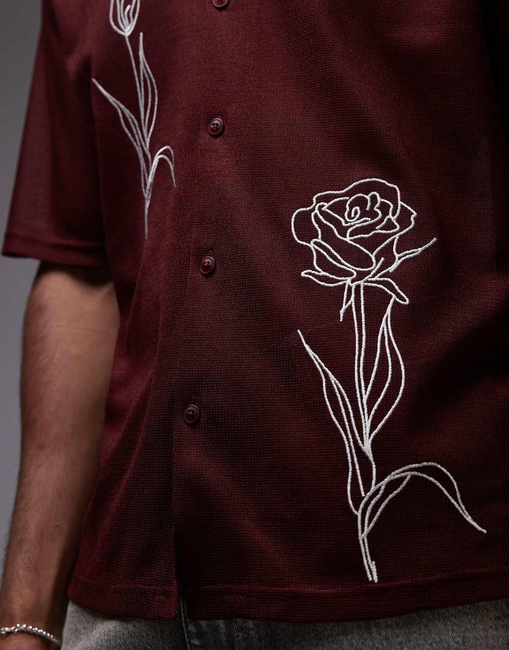 Topman floral embroidery shirt in burgundy Product Image