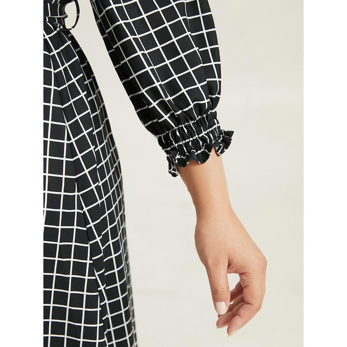 Plus Size Gingham Button Detail Pocket Lantern Sleeve Dress Black Women At the Office Belted V-neck Long Sleeve Curvy Midi Dress BloomChic 30/6X Product Image