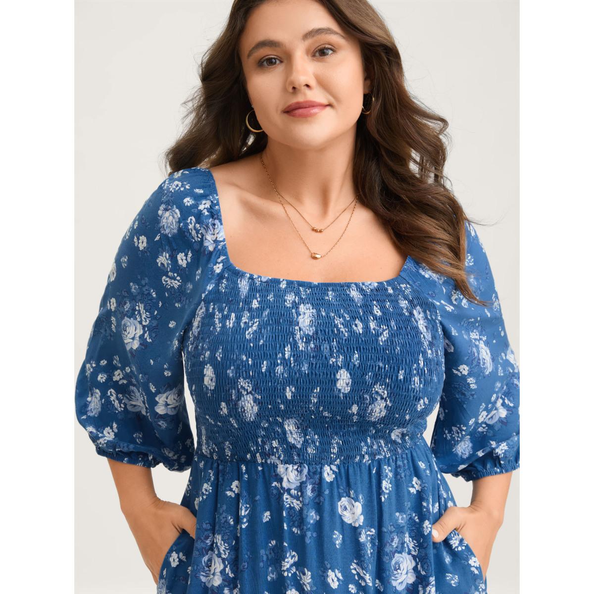 Plus Size Rosy Print Shirred Bust Pockets Midi Dress Mediumblue Women Square Neck Elbow-length sleeve Curvy BloomChic 10/M Product Image