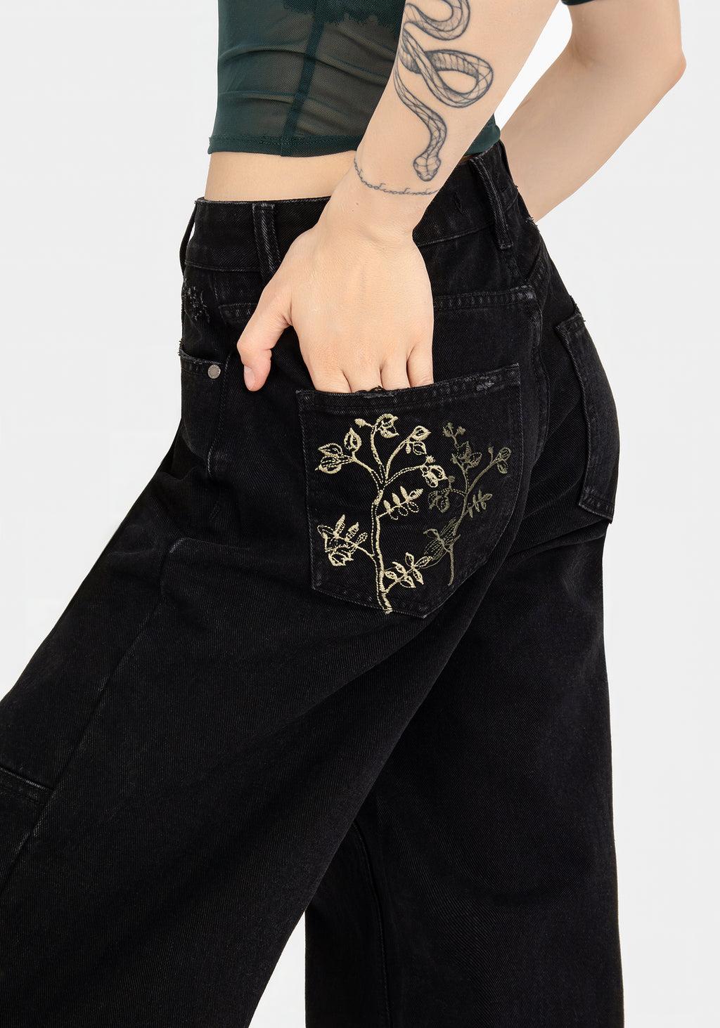 Buckthorn Embroidered Denim Barrel Leg Jeans Product Image