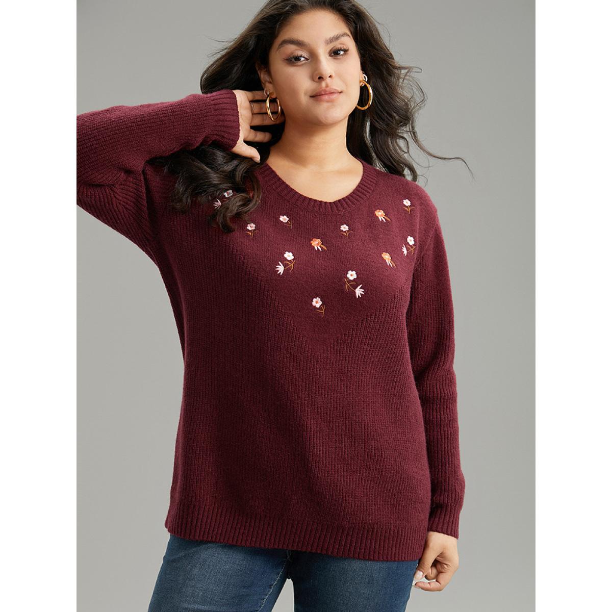 Plus Size Floral Embroidered Loose Elastic Cuffs Pullover Burgundy Women Casual Loose Long Sleeve Round Neck Dailywear Pullovers BloomChic 10/M Product Image