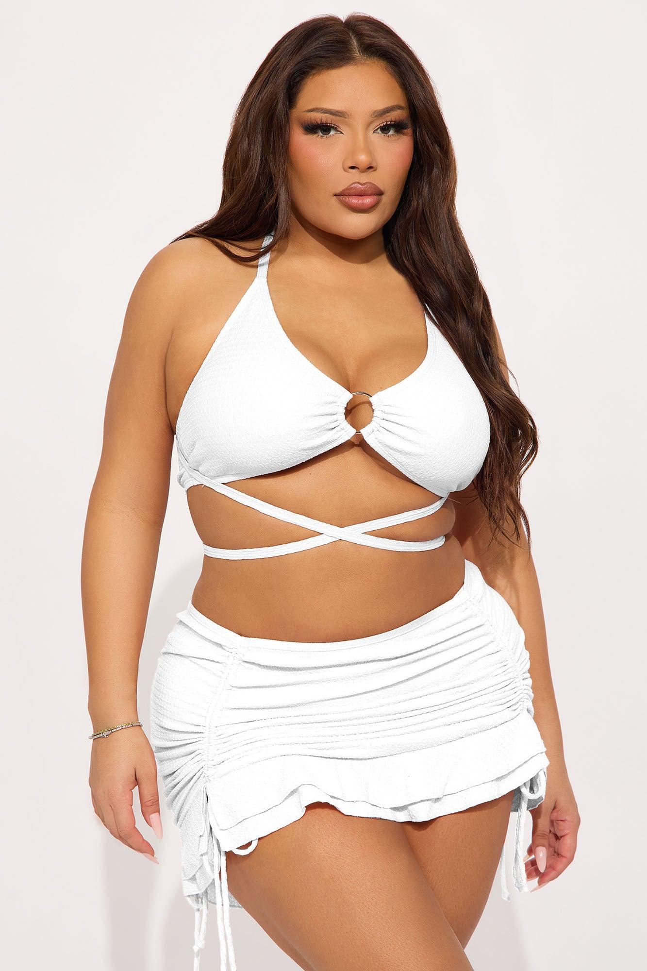 Angelica Textured O-Ring Ruched Skirt 3 Piece Bikini Set - White Product Image