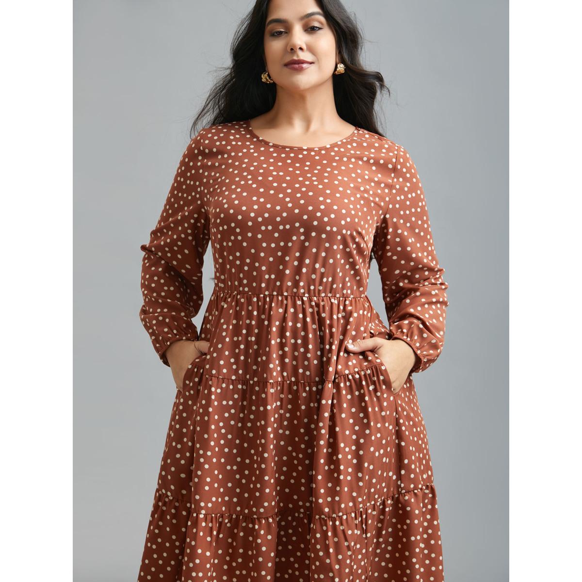 Plus Size Polka Dot Waist-Cinched Tiered Dress Rust Women At the Office Ruffles Round Neck Long Sleeve Curvy BloomChic 26/4X Product Image